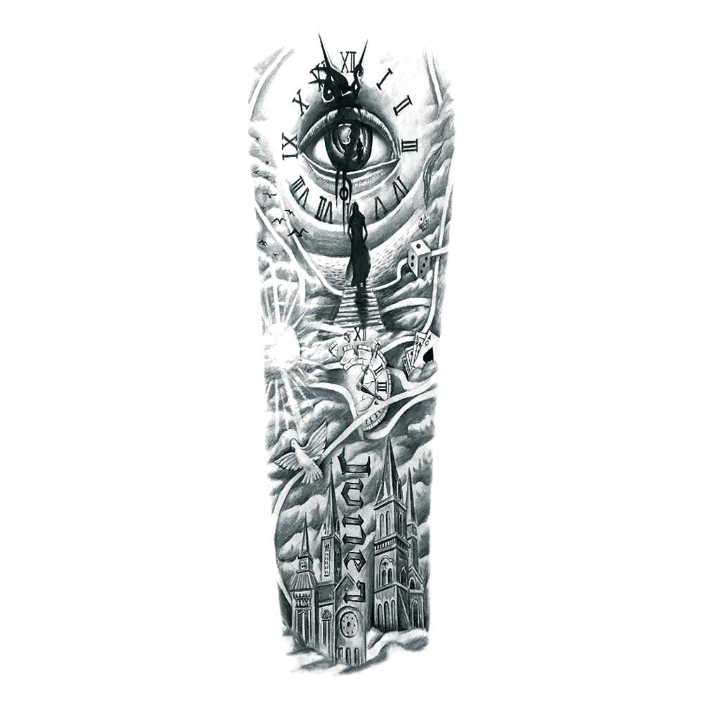 Tatouage ephemere Manchette Temps | Montre, horloge, oeil, église, image size:1024x1024