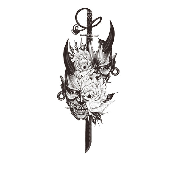 Tatouage ephemere Masque d'Oni et katana fleuri - Skindesigned