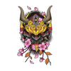 Faux tatouage éphémère temporaire tête (masque) de samouraï Japonais en couleur, avec fleurs et cornes