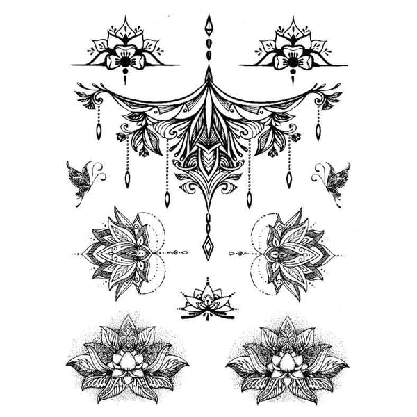 Tatouage ephemere underboobs femme - Lotus, pendentif et papillon