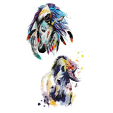 Tatouage ephemere - Cheval amérindien et plumes, chevaux en couleur aquarelle