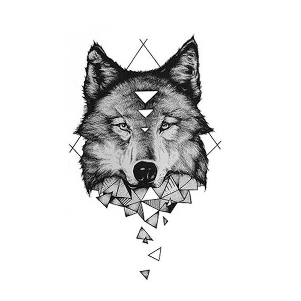 Tatouage éphémère, tatouage temporaire d'un loup géométrique en noir et blanc. Faux tatouage.