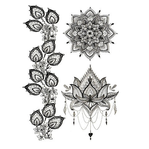 Tatouage éphémère (temporaire) façon henné noir de mandala, fleur de lotus et ornements bijoux et fleurs façon dentelles