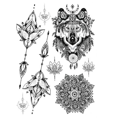 Tatouage éphémère pack:  loup avec attrape rêve (dream catcher), mandala ethnique façon henné et plusieurs lotus géométriques.