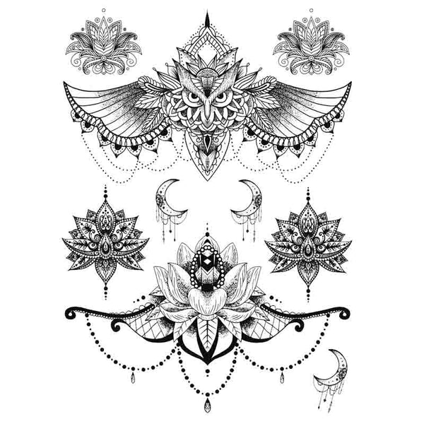 Tatouage éphémère underboobs - Lotus, mandala, lune, pendentif