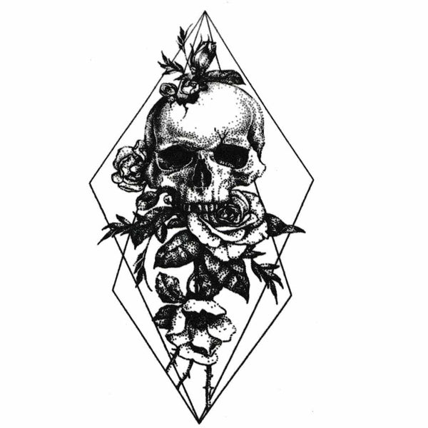 Beau tatouage ephemere - Crâne et roses - Tête de mort géométrique 