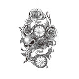 Tatouage éphémère, tatouage temporaire d'une tête de mort (crâne) avec des roses et des montre, horloge, temps.