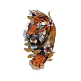Tatouage éphémère, tatouage temporaire d'un tigre avec 3 fleurs dans le style traditionnel Américain.