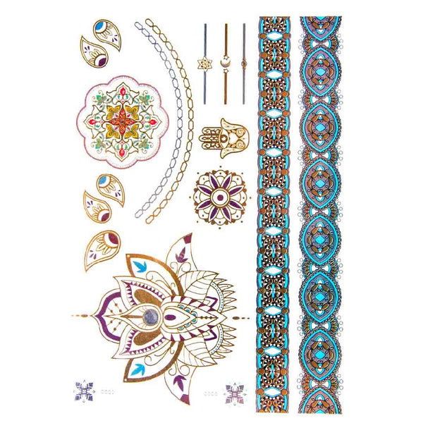 Tatouage éphémère oriental doré, bracelets, lotus, collier bracelet