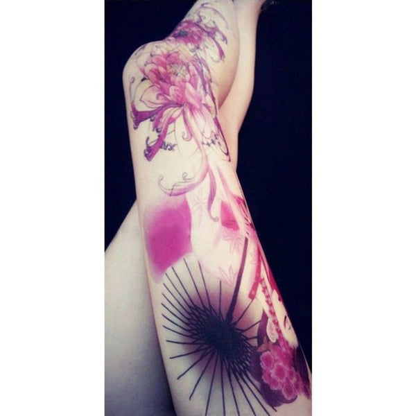 Tatouage éphémère (temporaire) bras complet japonais fleurs lotus geisha manchette
