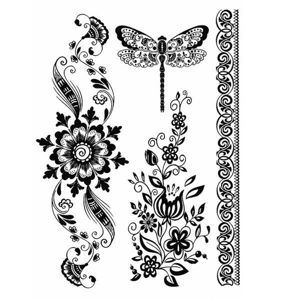Tatouage éphémère temporaire - Façon henné noir, libellule et fleurs