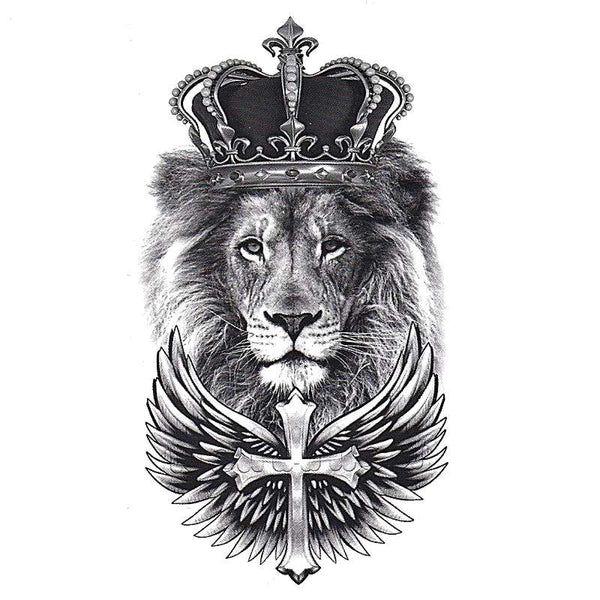 Tatouage ephemere - Lion couronné, croix et ailes d'ange, Skindesigned
