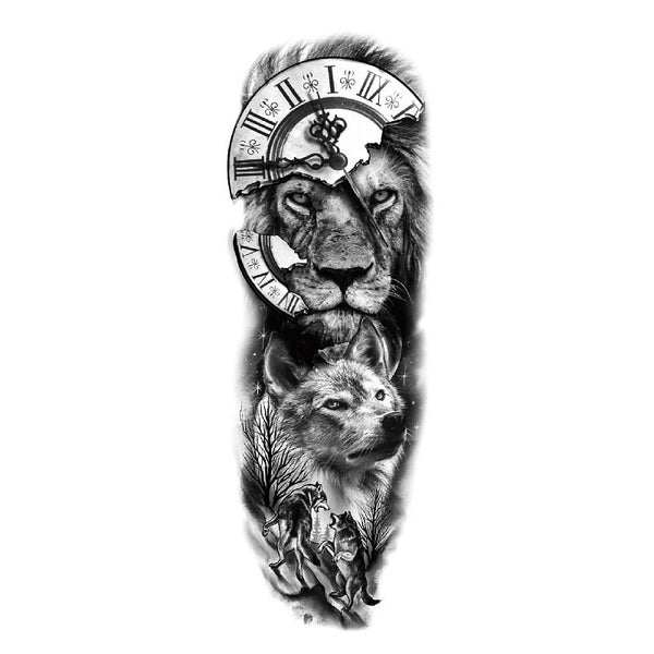 Tatouage éphémère manchette (sleeve) - Lion et loup - Thème Temps - Skindesigned