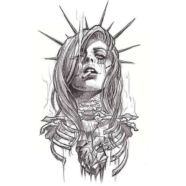 Tatouage ephemere - Femme zombie 2 (mort vivant) avec la couronne de la statue de la liberté, façon the walking dead par Skindesigned. 