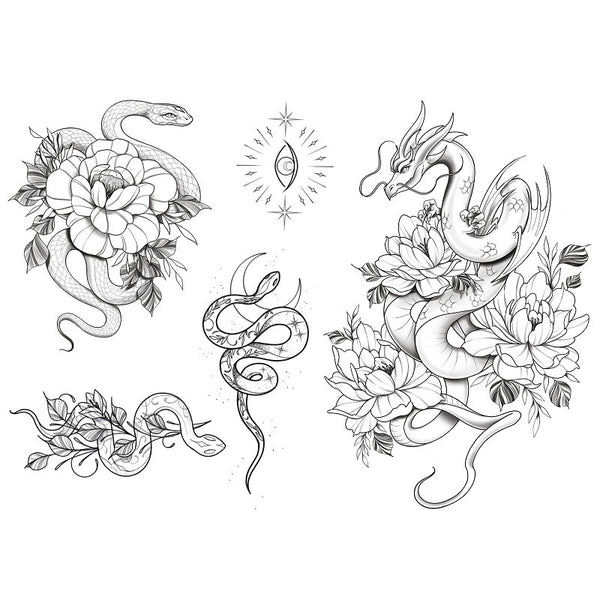 Tatouage ephemere collab - Serpent, œil et Dragon - Reborn tattoo Morgane