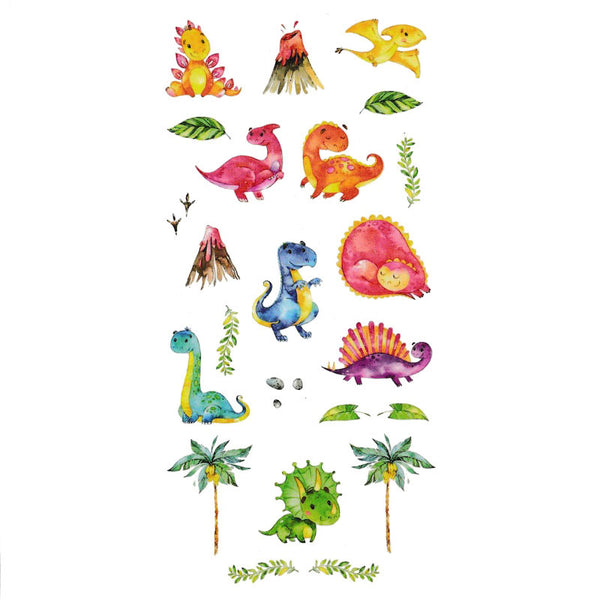 Faux tatouage de dinosaure mignon pour enfant triceratops, stégosaure, diplodocus, dimétrodon, parasaurolophus, arbre et volcan. Skindesigned