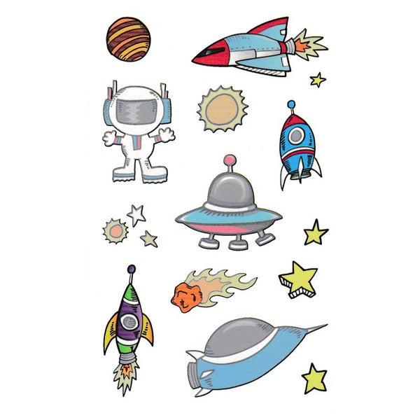 Faux tatouage enfant thème espace (astronaute, fusée, astéroïde, soleil, vaisseau spatial et soucoupe volante) Skindesigned