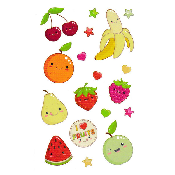 Tatouage ephemere enfant sur les fruits (banane, fraise, cerise, pomme, poire, framboise, pastèque et orange). Tatouage temporaire enfant en décalcomanie à coller Skindesigned.