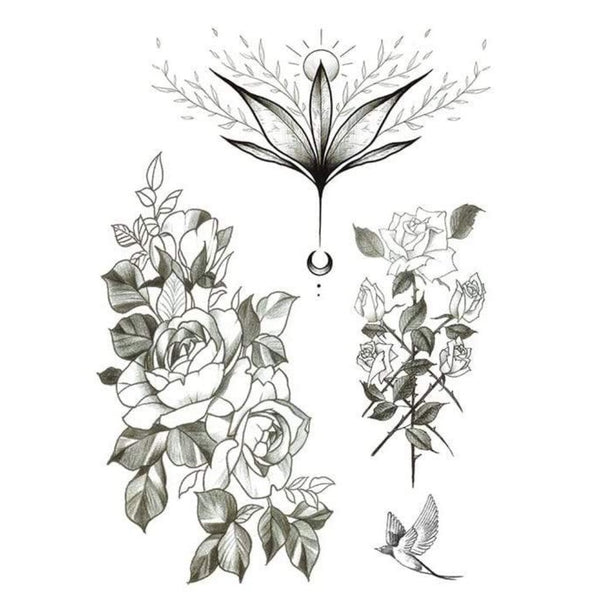 tatoutage éphémère temporaire de fleurs, lotus, rose épine et d'oiseau